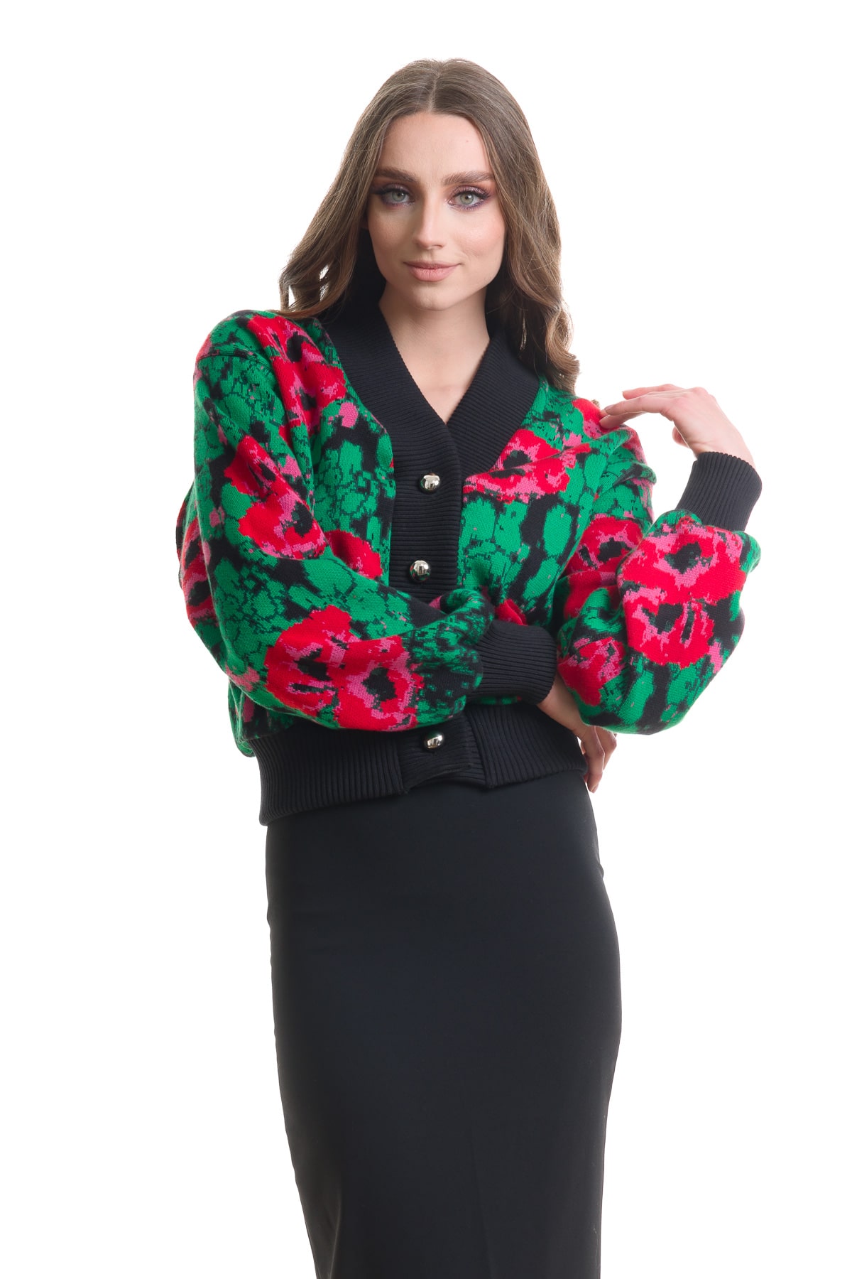Geaca din tricot cu print floral amavi rosu